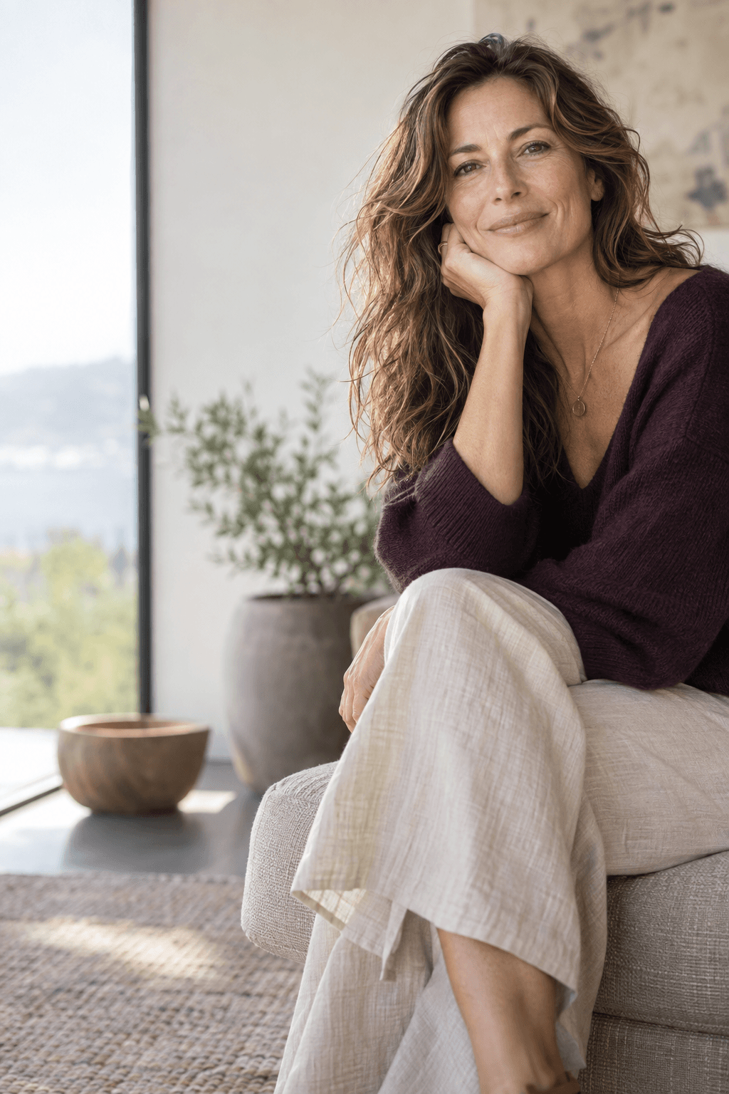 A confident woman around 50 in a calm, sunlit interior